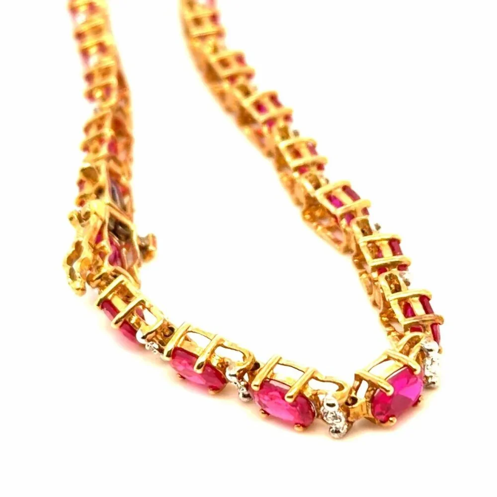 Lovely 10K Gold Syn. Rubies /Diamond Accent Tennis Bracelet‎